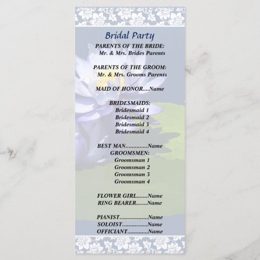 Paarse waterlelies in het Sunshine Wedding Program Programma (Achterkant)