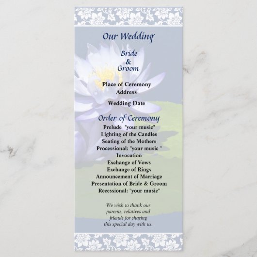 Paarse waterlelies in het Sunshine Wedding Program Programma (Voorkant)
