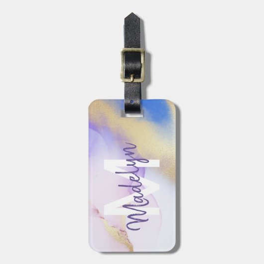 Paarse Waterverf Abstract Girly Luxury Monogram Bagagelabel (Voorkant verticaal)
