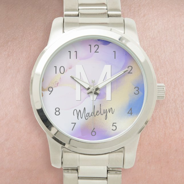 Paarse Waterverf Abstract Girly Luxury Monogram Horloge (Creator heeft geüpload)