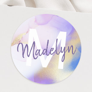 Paarse Waterverf Abstract Girly Luxury Monogram Ronde Sticker