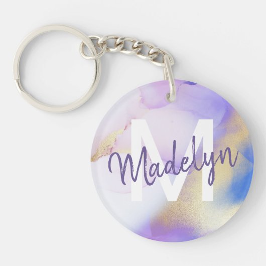Paarse Waterverf Abstract Girly Luxury Monogram Sleutelhanger (Voorkant)