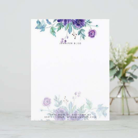 Paarse waterverf anemoon gepersonaliseerde briefpa (Staand voorkant)