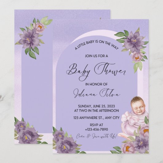 Paarse Waterverf Baby shower Kaart (Voorkant / Achterkant)