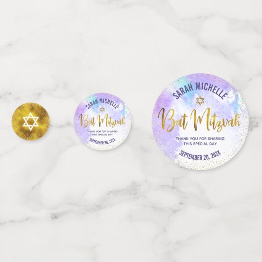 Paarse Waterverf Bat Mitzvah Gold Foil Script Confetti (Voorkanten)