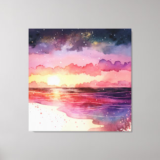 Paarse Waterverf Beach Sunset Canvas Afdruk