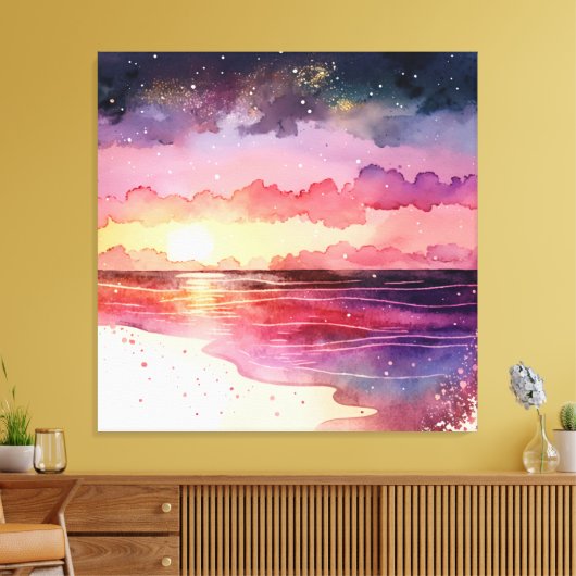 Paarse Waterverf Beach Sunset Canvas Afdruk (Insitu (Woonkamer))