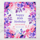 Paarse Waterverf Bloemen 80ste Gelukkige Verjaarda Wijn Etiket (Enkel label)