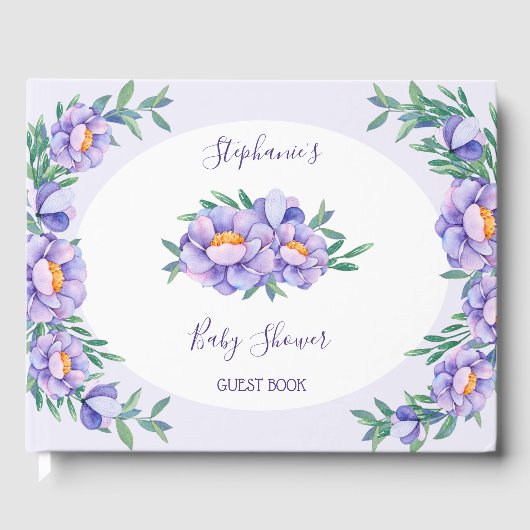Paarse Waterverf Bloemen Baby shower Gepersonalise Gastenboek (Voorkant)