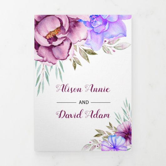 Paarse waterverf bloemen bloem foto bruiloft drieluik uitnodiging (Cover)