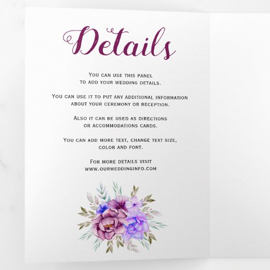 Paarse waterverf bloemen bloem foto bruiloft drieluik uitnodiging (Binnenzijde eerst)