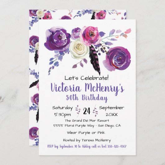 Paarse waterverf Bloemen Boho Verjaardagsfeest Kaart (Voorkant / Achterkant)