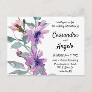 Paarse Waterverf Bloemen Bruiloft Briefkaart