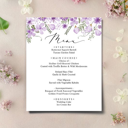 Paarse Waterverf Bloemen Bruiloft Menu Kaart
