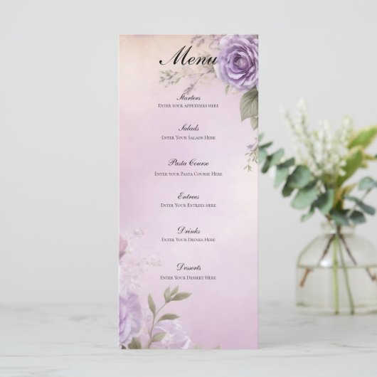 Paarse Waterverf Bloemen bruiloft Vrijgezellenfees Menu (Staand voorkant)