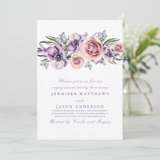 Paarse Waterverf Bloemen Engagement Party Kaart (Staand voorkant)