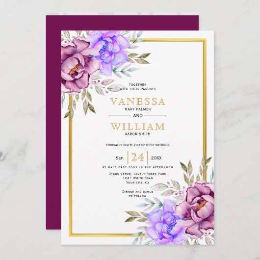 Paarse waterverf bloemen gouden frame bruiloft kaart (Voorkant / Achterkant)