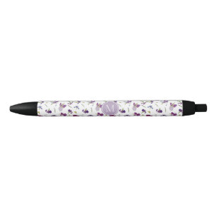 Paarse Waterverf Bloemen Irissen Patroon Monogram Zwarte Inkt Pen