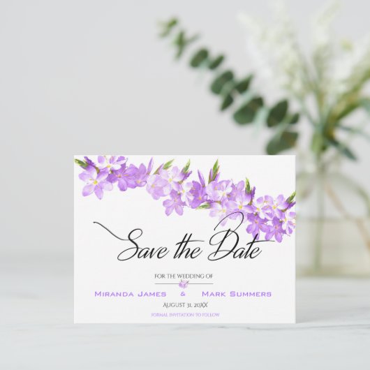 Paarse Waterverf bloemen legant sparen de Datum Aankondigingskaart (Staand voorkant)