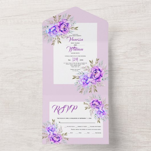 Paarse waterverf bloemen lila bruiloft all in one uitnodiging (Binnen)