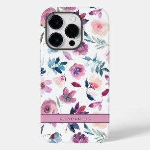 Paarse Waterverf Bloemen met naam Case-Mate iPhone 14 Pro Hoesje
