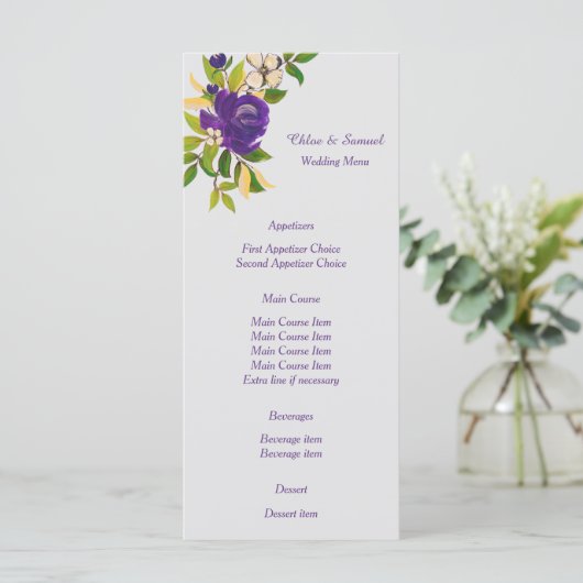 Paarse Waterverf Bloemen Wedding Menu (Staand voorkant)