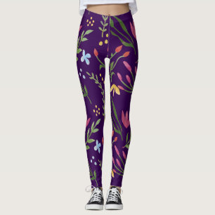 Paarse Waterverf Bloemen Zwart Roze Blauw Geel Leggings