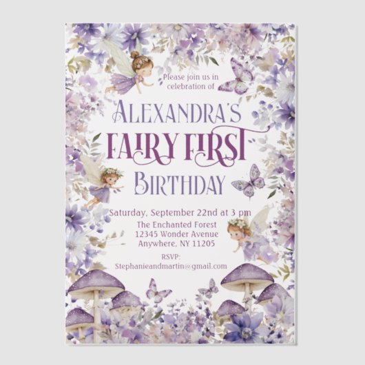 Paarse Waterverf Bloemenfee Eerste Verjaardag Vellum Uitnodigingen (Voorkant)