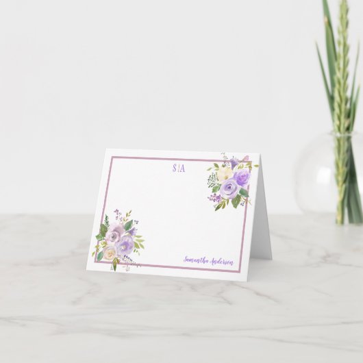 Paarse Waterverf Bloemenhoeken Naam & Monogram Bedankkaart (Voorkant)