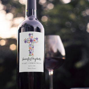 Paarse Waterverf bloemenkruis eerste communie Wijn Etiket