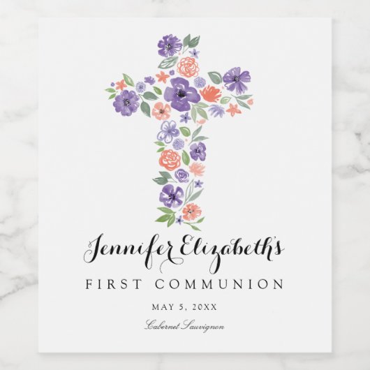 Paarse Waterverf bloemenkruis eerste communie Wijn Etiket (Enkel label)