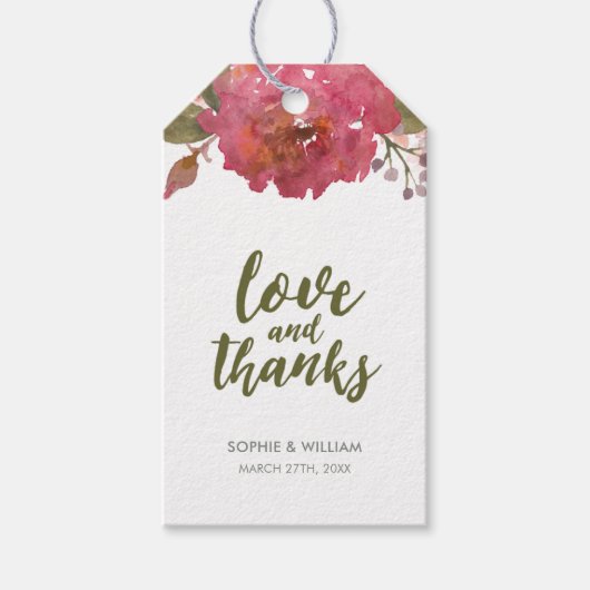 Paarse Waterverf Bloemenliefde en Bedankt Favor Ta Cadeaulabel (Voorkant)