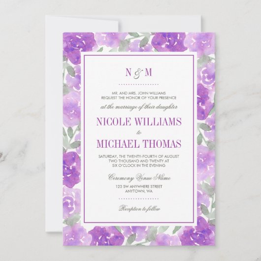 Paarse Waterverf bloementuin trouwuitnodiging Kaart (Voorkant)