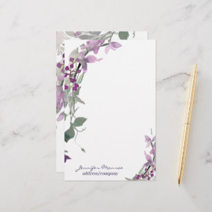 Paarse waterverf bloemstuk gepersonaliseerd briefpapier