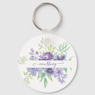 Paarse waterverf bloemstuk gepersonaliseerd sleutelhanger