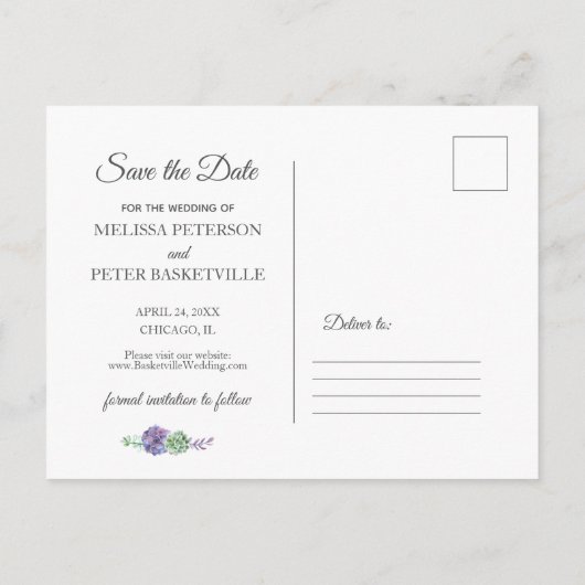 Paarse waterverf botanische save de datum briefkaa aankondigingskaart (Achterkant)