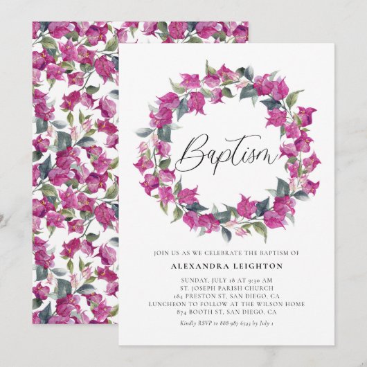 Paarse Waterverf Bougainvillea Wreath Baptisme Kaart (Voorkant / Achterkant)