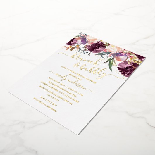 Paarse Waterverf Brunch en bubbel Vrijgezellenfees Folie Uitnodiging (Gedraaid)