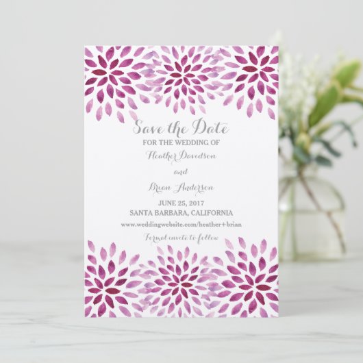 Paarse Waterverf Chrysanthemum Opslaan Datum Save The Date (Staand voorkant)