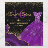 Paarse Waterverf Dress & glitter agate Sweet 16 Wijn Etiket (Enkel label)