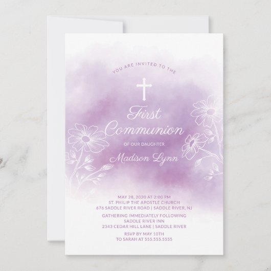 Paarse Waterverf Eerste Heilige Communie Kaart (Voorkant)