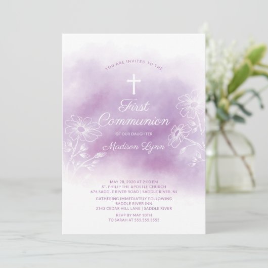 Paarse Waterverf Eerste Heilige Communie Kaart (Staand voorkant)
