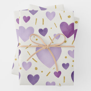 Paarse waterverf- en goudglitterharten inpakpapier vel