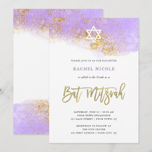 Paarse Waterverf   Faux Gold Bat Mitzvah Kaart