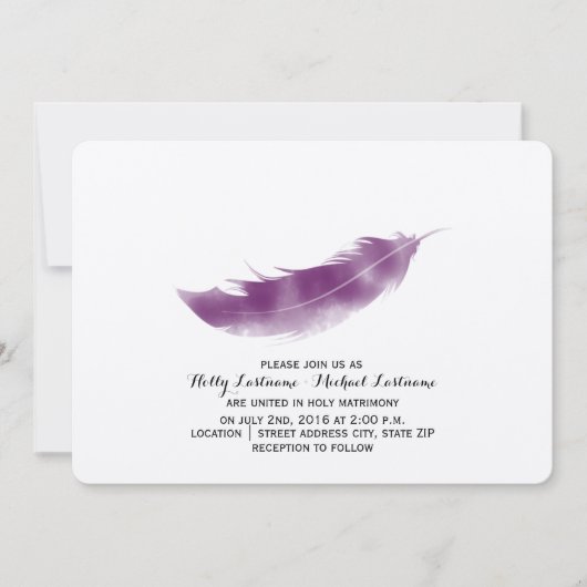 Paarse Waterverf Feather Wedding Invitation Kaart (Voorkant)