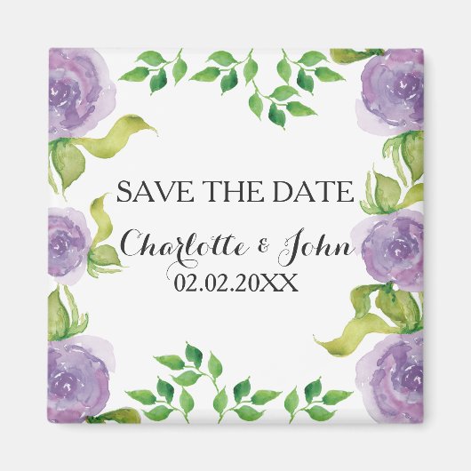 Paarse waterverf floraal sparen de Datum Magneet (Voorkant)