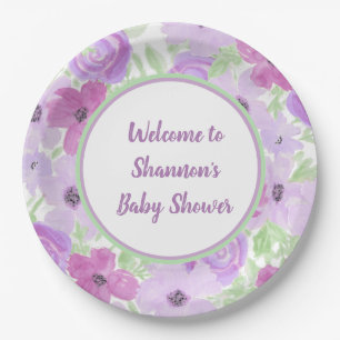 Paarse Waterverf Floral Baby shower Papieren Bordje