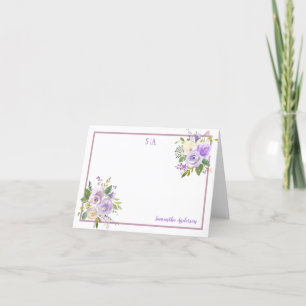 Paarse Waterverf Floral Corners Name & Monogram Bedankkaart
