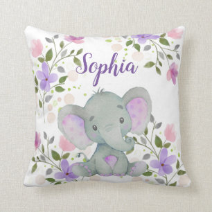Paarse Waterverf Floral Elephant Girl Nursery Kussen