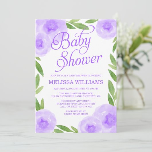 Paarse Waterverf Floral Leaf Meisje Baby shower Kaart (Staand voorkant)